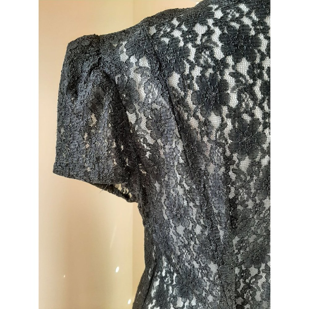 Vtg Black Sheer Lace Button Midi Dress Fit & Flare Whimsigoth 90s Corset Tie - Picture 4 of 10